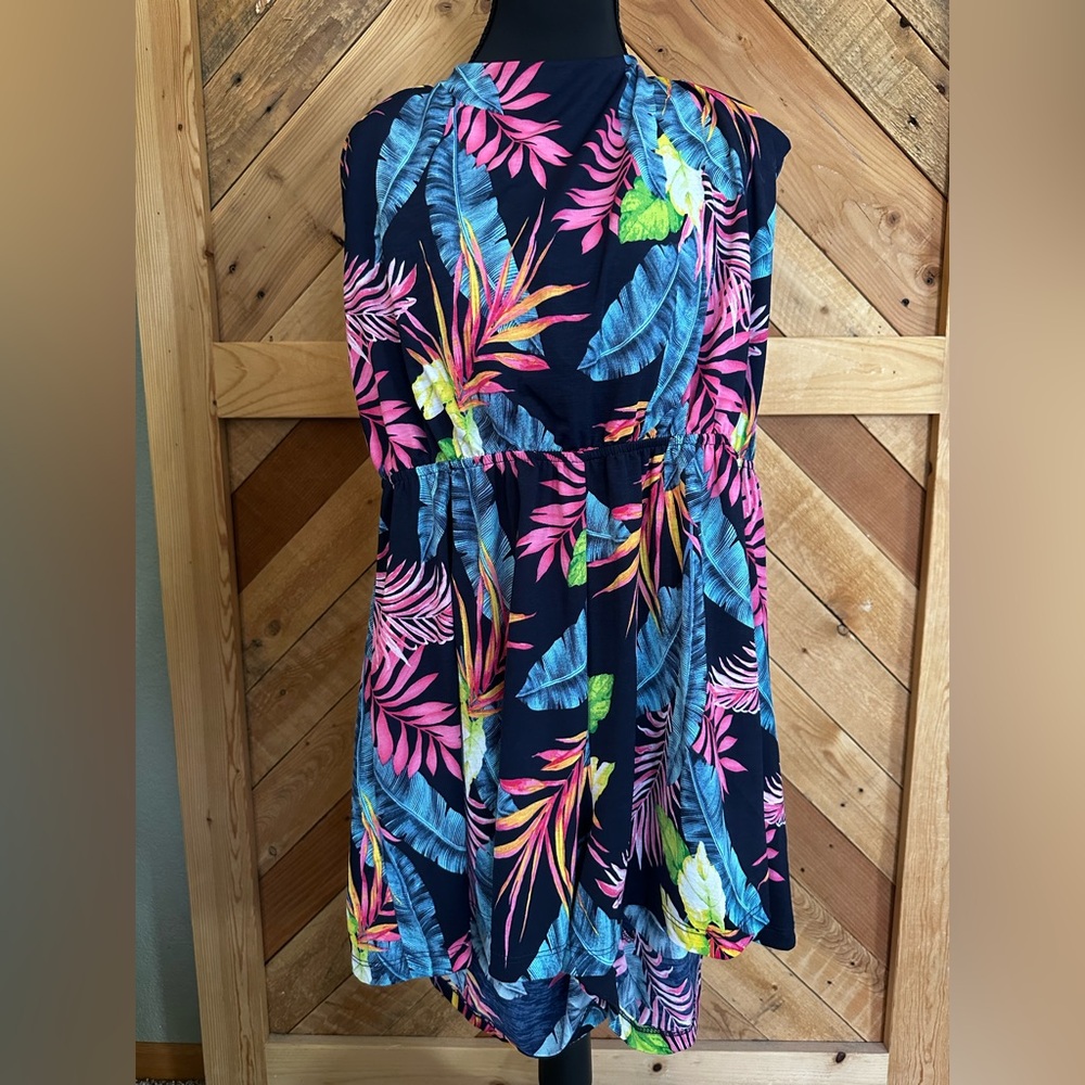 white birch Navy Tropical Print Romper with Pink and Yellow Accents